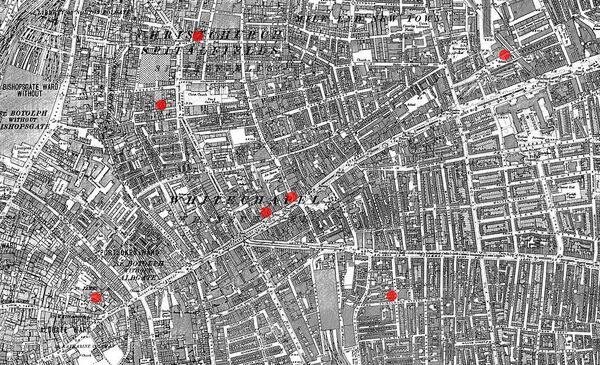 Mapa de Londres en la época victoriana; los siete puntos rojos marcan las ubicaciones de los primeros siete asesinatos en Whitechapel - Sputnik Mundo