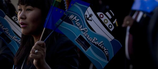 Una boliviana con la bandera en la que se lee 'Mar para Bolivia' - Sputnik Mundo