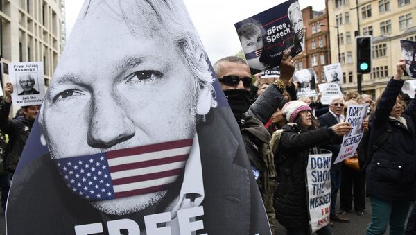 Partidarios de Julian Assange, fundador de WikiLeaks, cerca del juzgado de Westminster, Reino Unido - Sputnik Mundo