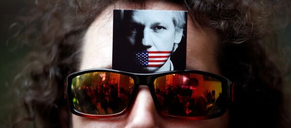 Un manifestante lleva una foto de Julian Assange en sus gafas de sol - Sputnik Mundo