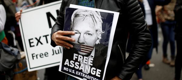Una persona con un retrato de Julian Assange - Sputnik Mundo