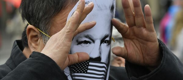 Activista con una máscara con el rostro de Julian Assange Activista con una máscara con el rostro de Julian Assange - Sputnik Mundo