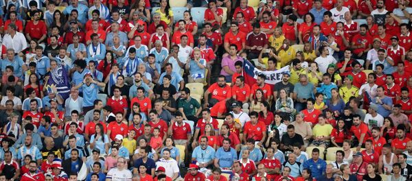 Hinchas uruguayos y chilenos durante un partido de la Copa América Hinchas uruguayos y chilenos durante un partido de la Copa América - Sputnik Mundo