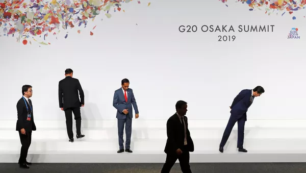 El logo de la cumbre del G20 en Osaka, Japón