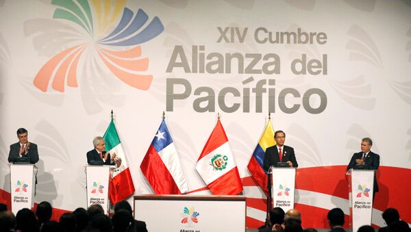 Canciller de  México, Marcelo Ebrard, presidente de Chile, Sebastian Piñera, presidente de Perú, Martín Vizcarra, y mandatario colombiano, Iván Duque, en la XIV Cumbre de la Alianza del Pacífico - Sputnik Mundo