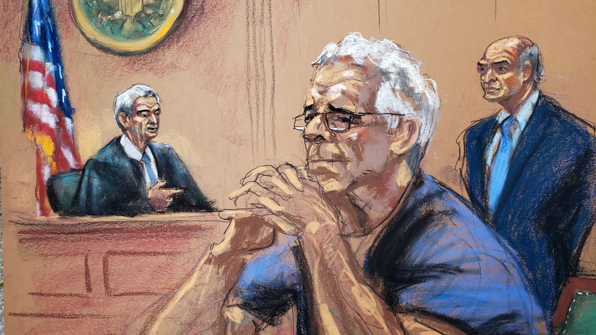 Jeffrey Epstein, en un dibujo de su proceso en la corte