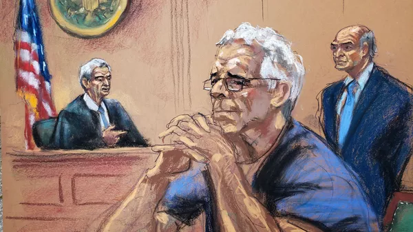 Jeffrey Epstein, en un dibujo de su proceso en la corte - Sputnik Mundo