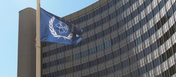 La bandera con el logo de la OIEA La bandera con el logo de la OIEA - Sputnik Mundo