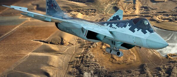 Caza ruso Su-57 con un dispositivo de designación de blancos Caza ruso Su-57 con un dispositivo de designación de blancos - Sputnik Mundo