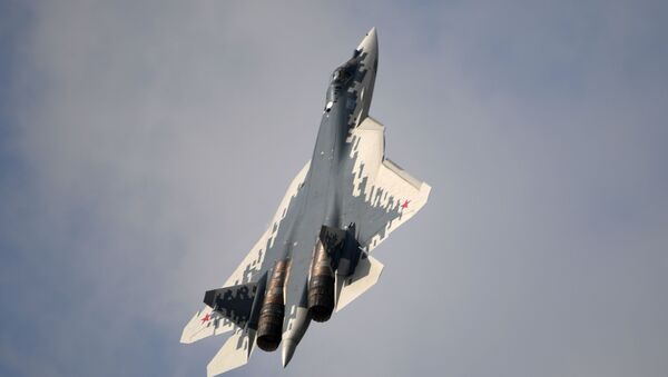 Un Su-57 con el camuflaje pixelado de colores blanco, azul y gris - Sputnik Mundo