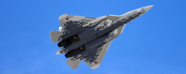 Un Su-57 con el camuflaje pixelado de colores gris claro y azul y gris - Sputnik Mundo