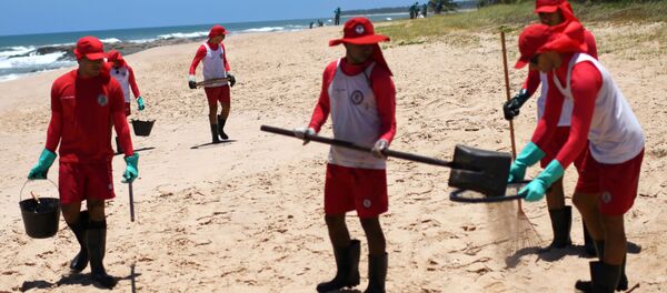 Trabajadores municipales limpiando de petróleo la playa de Mata de Sao Joao, Brasil - Sputnik Mundo