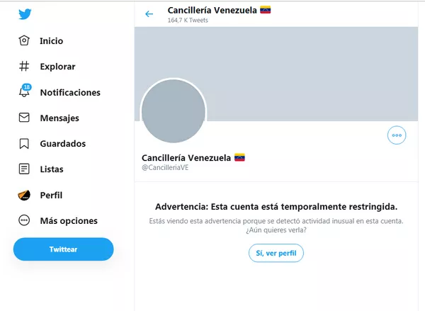 Twitter restringe cuenta de la Cancillería de Venezuela Twitter restringe cuenta de la Cancillería de Venezuela - Sputnik Mundo