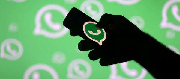 Una persona posa con un teléfono inteligente delante de una pared con el logotipo de WhatsApp Una persona posa con un teléfono inteligente delante de una pared con el logotipo de WhatsApp - Sputnik Mundo
