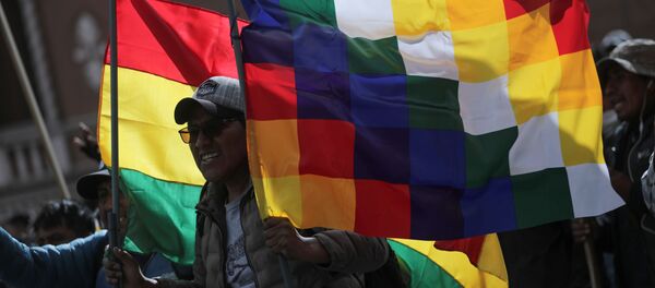 La bandera wiphala y la tradicional de Bolivia alzada por un manifestante durante una marcha en La Paz en apoyo a Evo Morales, noviembre de 2019 La bandera wiphala y la tradicional de Bolivia alzada por un manifestante durante una marcha en La Paz en apoyo a Evo Morales, noviembre de 2019 - Sputnik Mundo