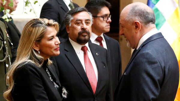 El embajador ruso en Bolivia, Vladímir Sprinchán, junto la presidenta de facto boliviana, Jeanine Áñez - Sputnik Mundo