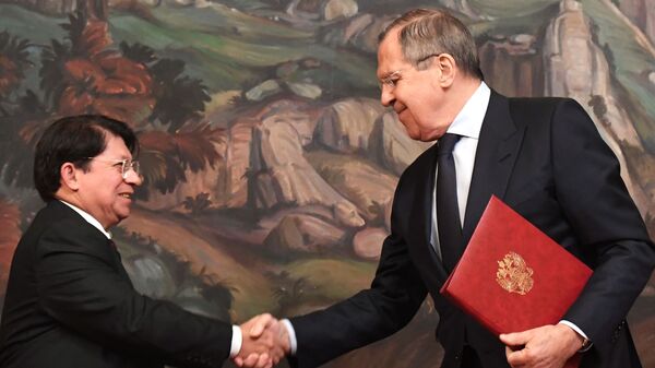 Canciller de Nicaragua, Denis Ronaldo Moncada Colindres, y el canciller ruso, Serguéi Lavrov - Sputnik Mundo