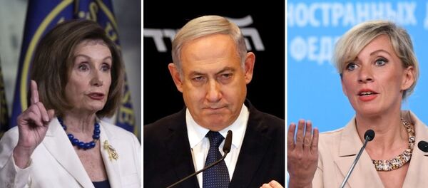 Nancy Pelosi, presidenta de la Cámara de Representantes de EEUU; Benjamín Netanyahu, primer ministro israelí; María Zajárova, portavoz del Ministerio de Exteriores de Rusia - Sputnik Mundo
