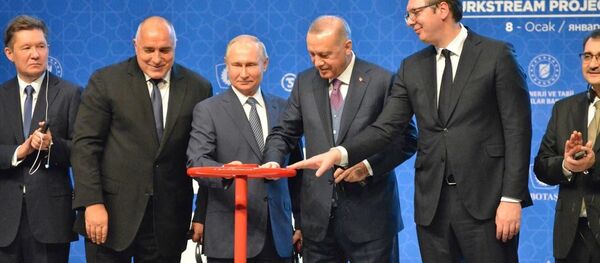 El primer ministro búlgaro, Boiko Borisov, el presidente de Rusia, Vladímir Putin, el presidente turco, Recep Tayyip Erdogan, y el presidente serbio, Aleksandar Vucic - Sputnik Mundo