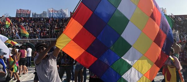 Un hombre ondeando una whipala durante la conmemoración de la creación del Estado Plurinacional de Bolivia en Buenos Aires, Argentina - Sputnik Mundo