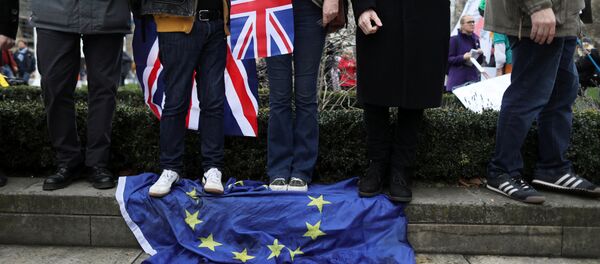 Manifestantes británicos a favor del 'Brexit' pisandouna bandera de la Unión Europea - Sputnik Mundo