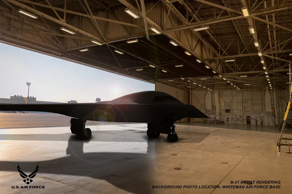 Ilustración del bombardero B-21 Raider en la base aérea de Whiteman - Sputnik Mundo
