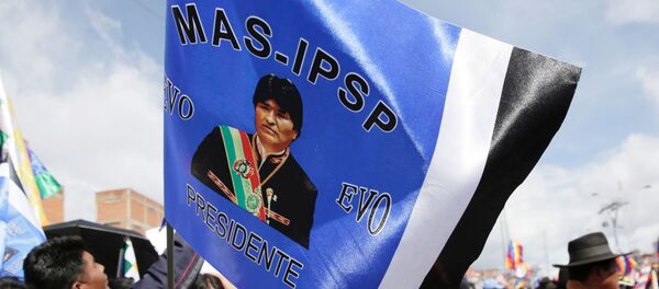 Simpatizantes del Movimiento Al Socialismo con una bandera de Evo Morales Simpatizantes del Movimiento Al Socialismo con una bandera de Evo Morales - Sputnik Mundo