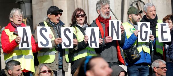 Manifestantes sostienen las letras del apellido de Julian Assange - Sputnik Mundo