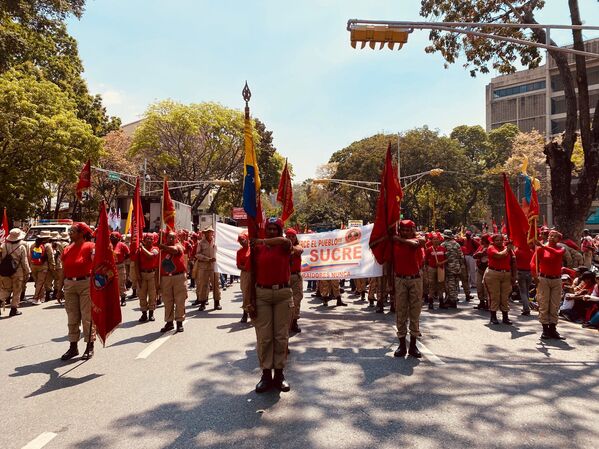 Varias mujeres encabezando la marcha por el Dia de la Mujer en Caracas portando la bandera venezolana como estandarte de la manifestacion en la avenida Universidad, una de las vias principales del recorrido. - Sputnik Mundo