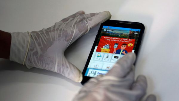 Un celular con una app del COVID-19 en la pantalla Un celular con una app del COVID-19 en la pantalla - Sputnik Mundo