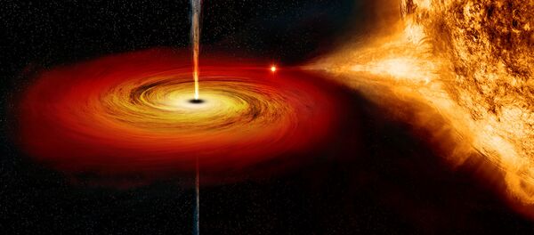 Ilustración de un agujero negro acumulando materia de una estrella compañera y produciendo chorros - Sputnik Mundo