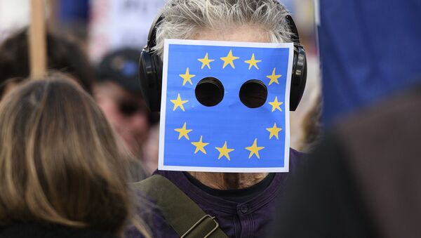 Un hombre con la bandera de la UE - Sputnik Mundo