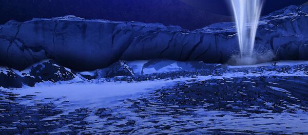 La superficie de la luna Europa con Júpiter en el fondo (ilustración) - Sputnik Mundo