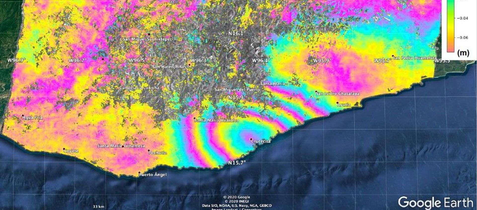 El desplazamiento de la superficie causado por el terremoto de magnitud 7,4 en México El desplazamiento de la superficie causado por el terremoto de magnitud 7,4 en México - Sputnik Mundo, 1920, 03.07.2020