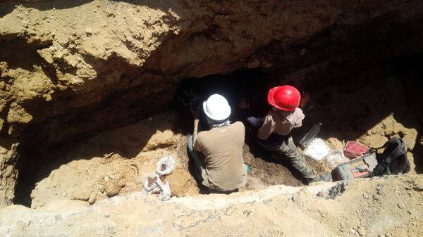 Los arqueólogos Oswaldo Caramillo y Erika Olivares del Instituto nacional de Antropología e Historia en la fosa del hallazgo - Sputnik Mundo