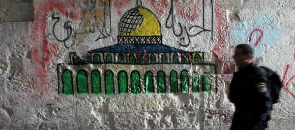 Un policíaco de Israel pasa por el muro con la imagen de la Cúpula de la Roca, Jerusalén - Sputnik Mundo