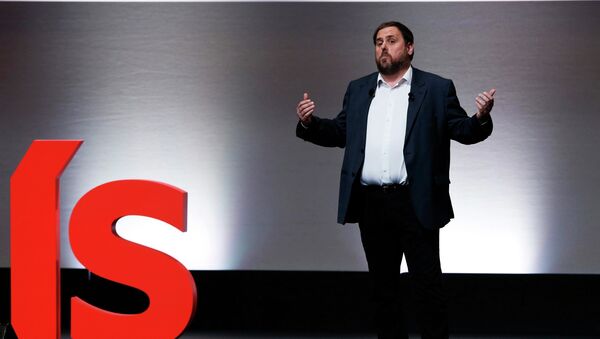 Republican Left Party President Oriol Junqueras speaks during his conference at Palau de Congesos de Catalunya in Barcelona December 2, 2014 - Sputnik Mundo